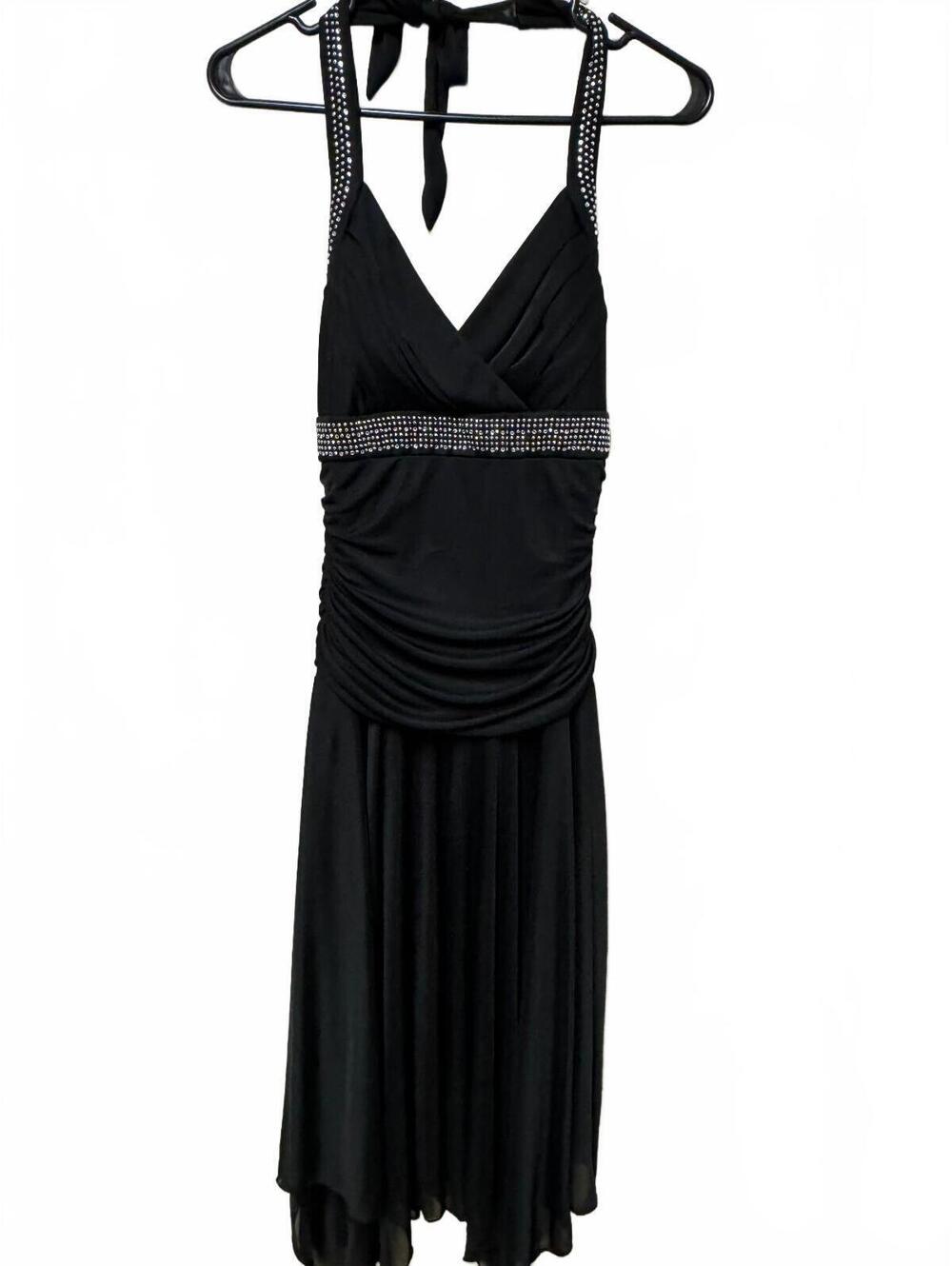 Trixxi Black Rhinestone Embellished Halter Ruched Cocktail Dress Size L